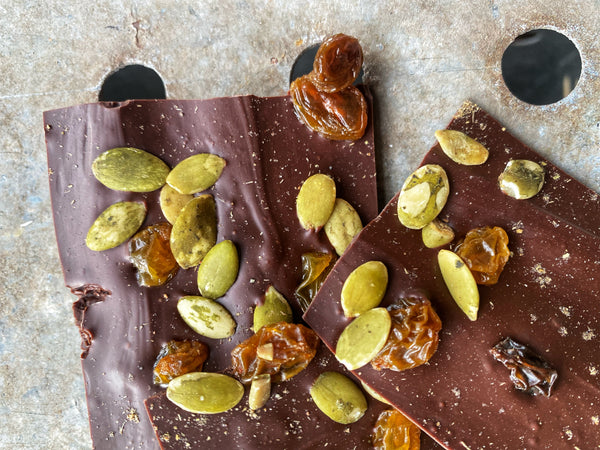 Bark : Dark Chocolate, Golden Raisins, Pistachios, and Cardamom